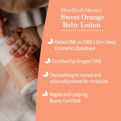 Earth Mama Sweet Orange Baby Lotion ingredients calendula and aloe soothe delicate skin.