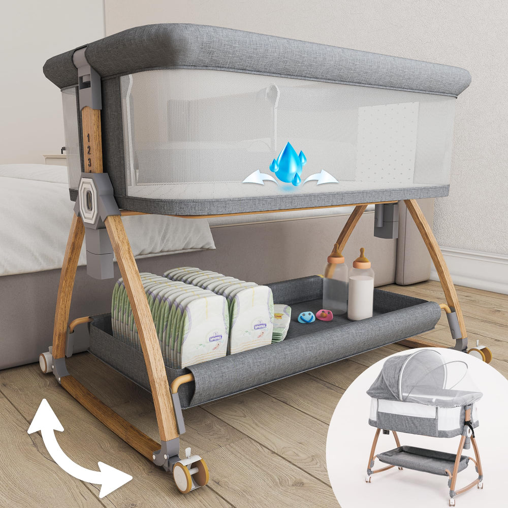 Earth&ME bedside bassinet with wood grain grey finish provides sturdy, near-bed sleep for newborn comfort.
