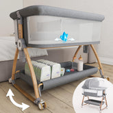 Earth&ME bedside bassinet with wood grain grey finish provides sturdy, near-bed sleep for newborn comfort.