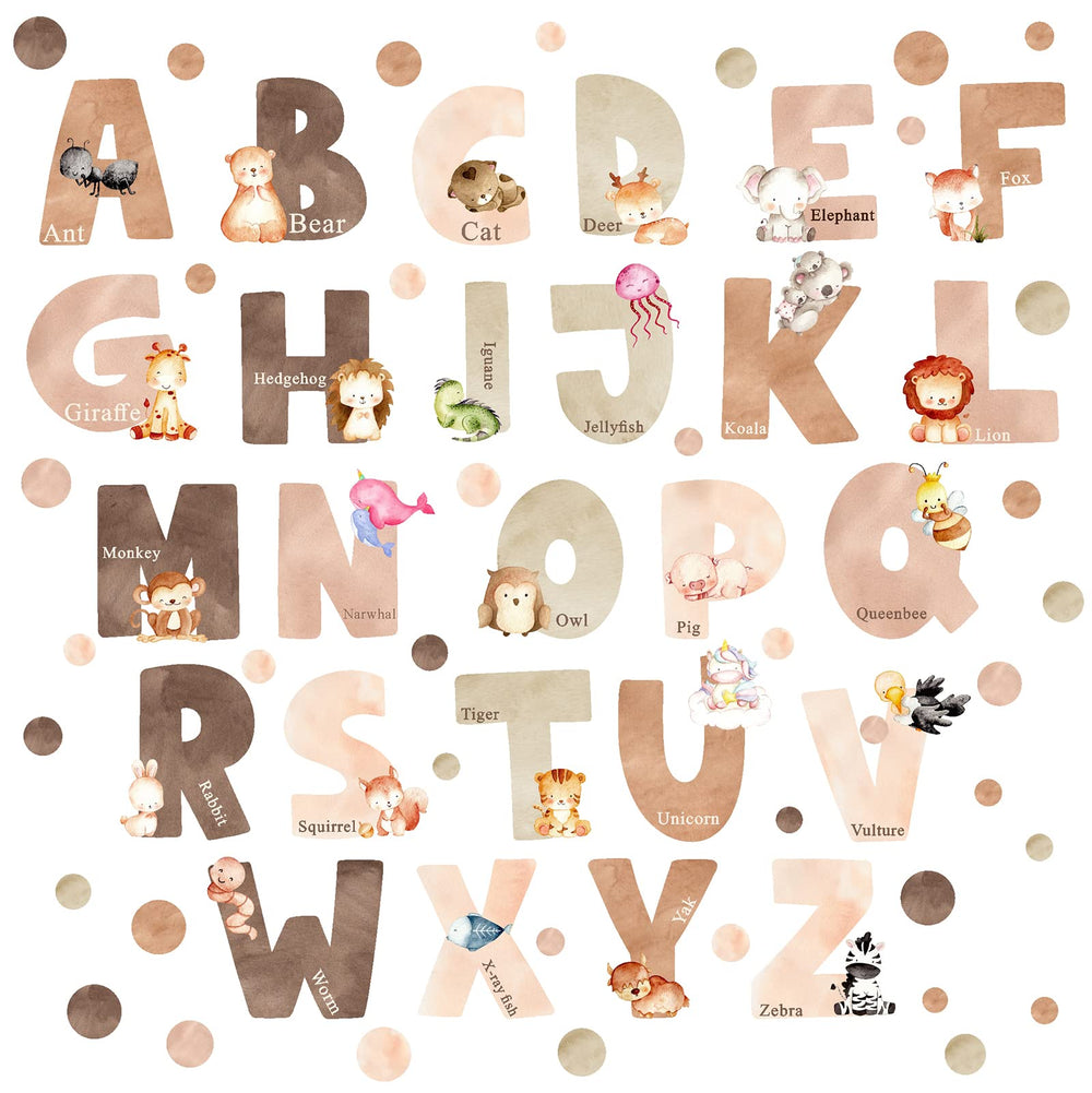 Easma animal alphabet wall decals on a child's wall for early literacy.