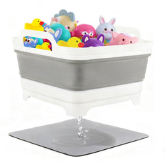 EazziSwitch bath toy storage bin collapsible with drain plug for quick water release.