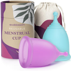 EcoBlossom reusable cup set packaging highlights sustainable design for everyday menstruation.
