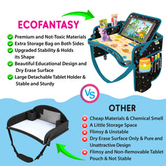 ECOFANTASY car seat tray side pockets organize toys and coloring accessories.