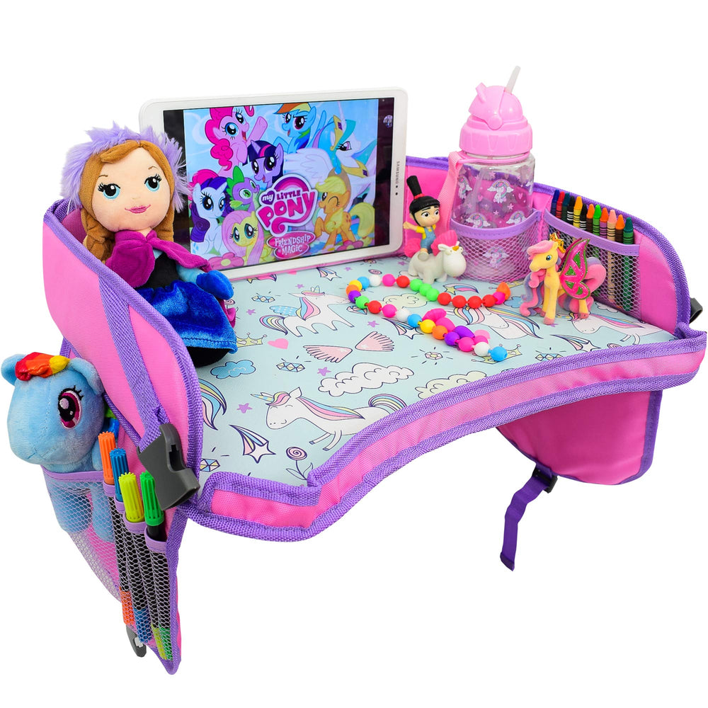 ecoZen Lifestyle pink toddler lap desk on a car seat tray, keeping travel tidy and on-the-go.