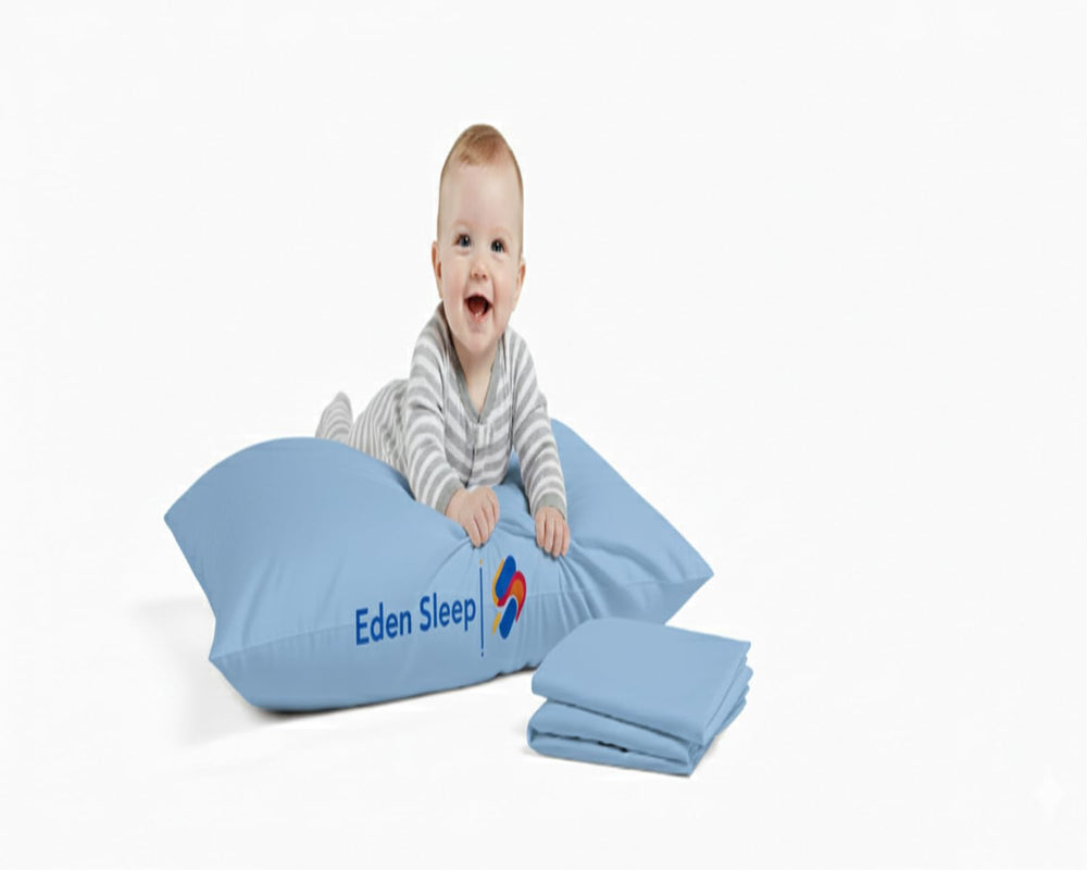 Eden Sleep toddler travel pillow case in light blue with zipper closure for secure travel use.