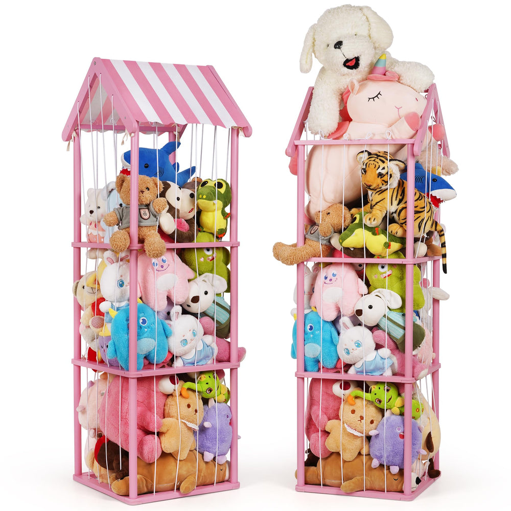 Edudif pink stuffed animal storage front view shows space-saving, corner-friendly design.