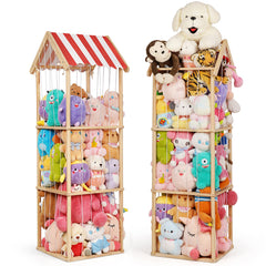 Edudif stuffed animal storage in wood cottage style, front view showing accessible shelves.
