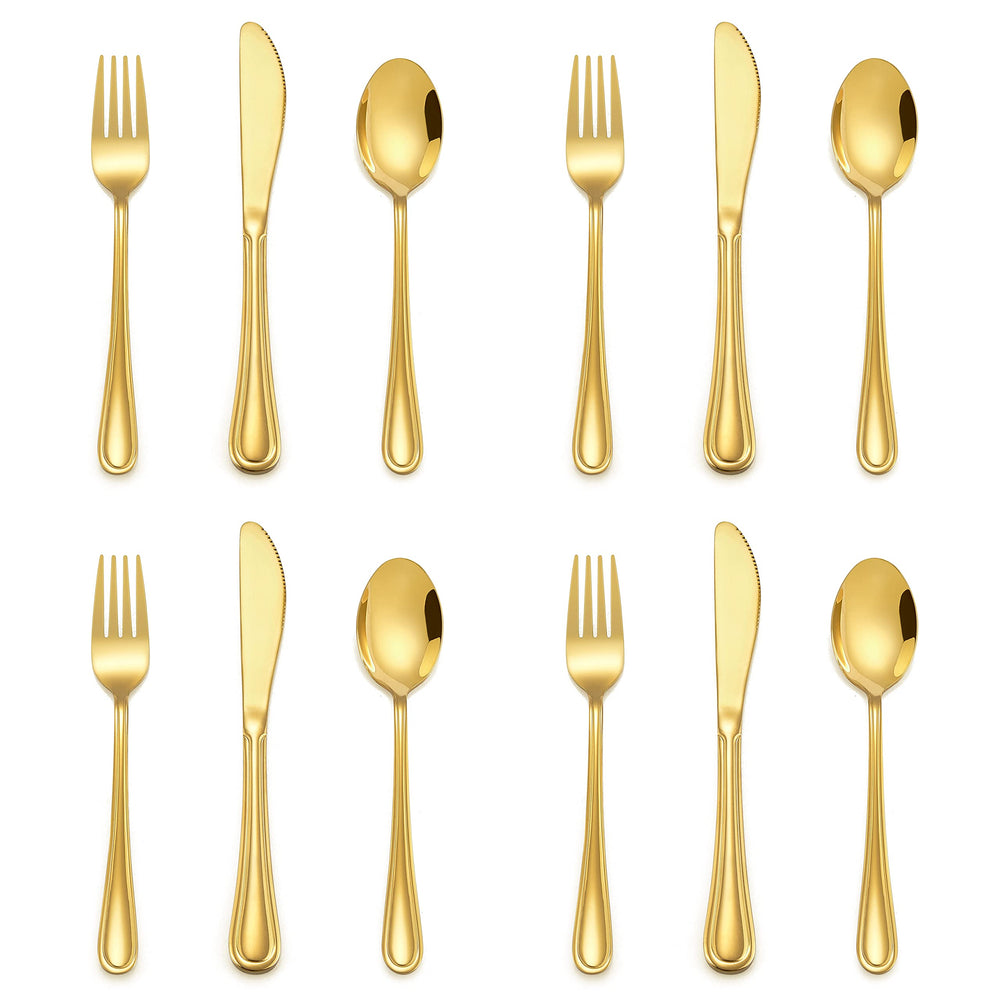 E-far 12-piece gold kids silverware with slimline design for easy grip during meals.