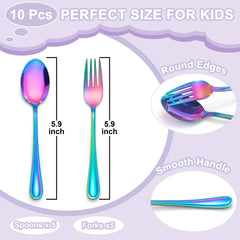 E-far rainbow utensils with ergonomic handles aid small hands.
