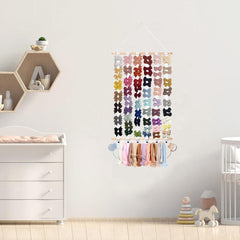 Eforwest bow organizer hanging on wall with 60-plus bows ready for outfits.