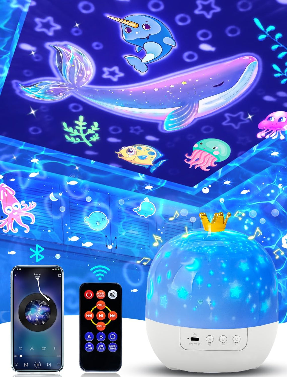 Eigther crown night-light projector creates a calming bedtime mood.