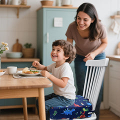 Eiury booster seat with safety belts keeps child secure during meals