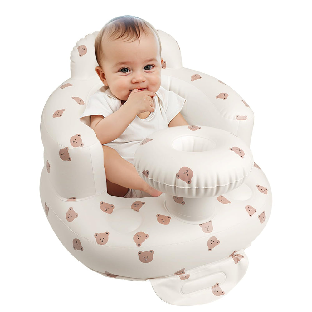 EKEPE bear-head inflatable chair with tray for on-the-go feeding.