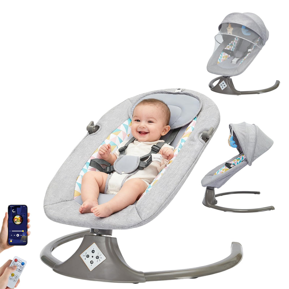 Electric Baby Swing gray with a large, roomy seat for growing infants.