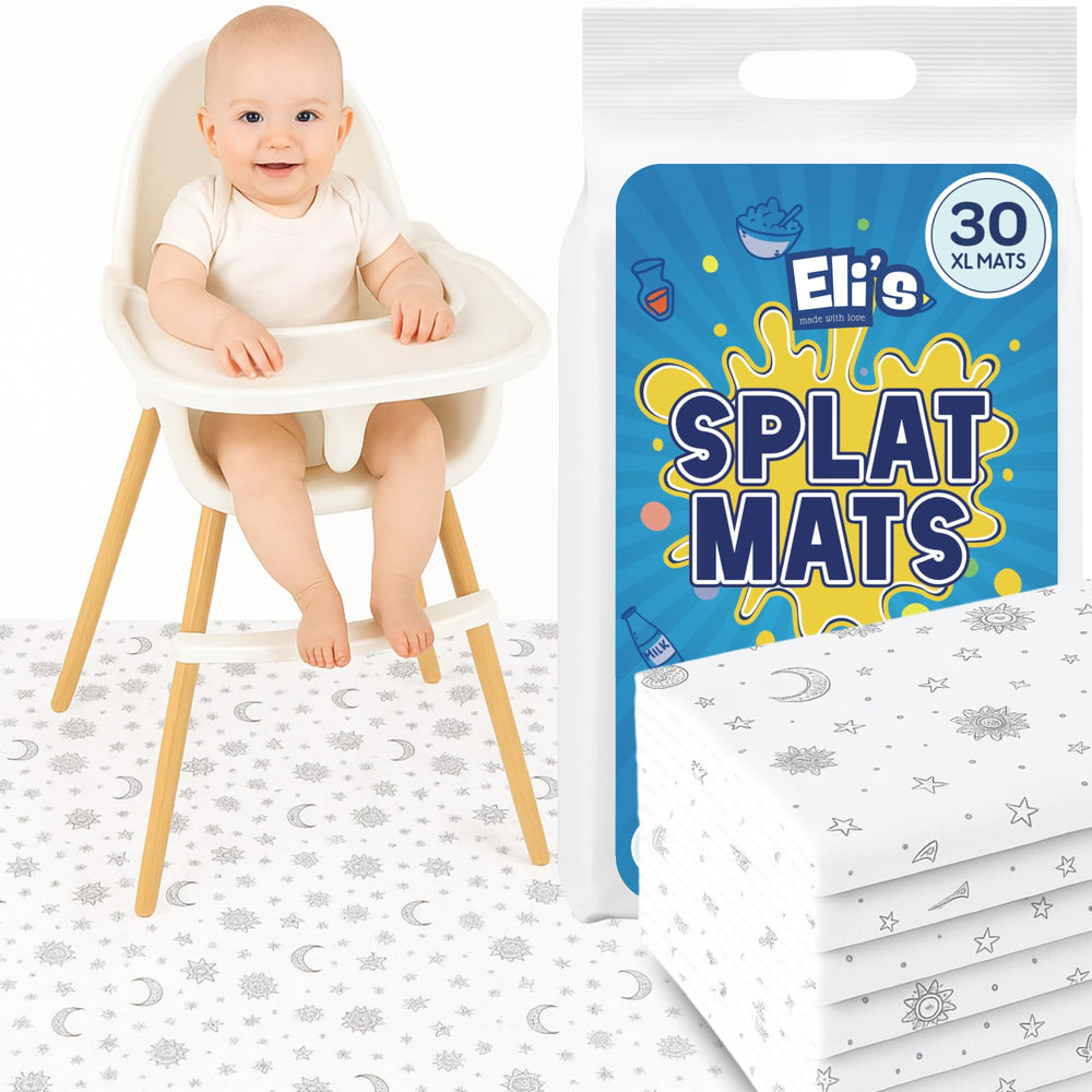 Eli with Love 30-pack splat mats protect floors during meals.