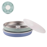 Elk and Friends divided plate in use with suction to prevent spills.