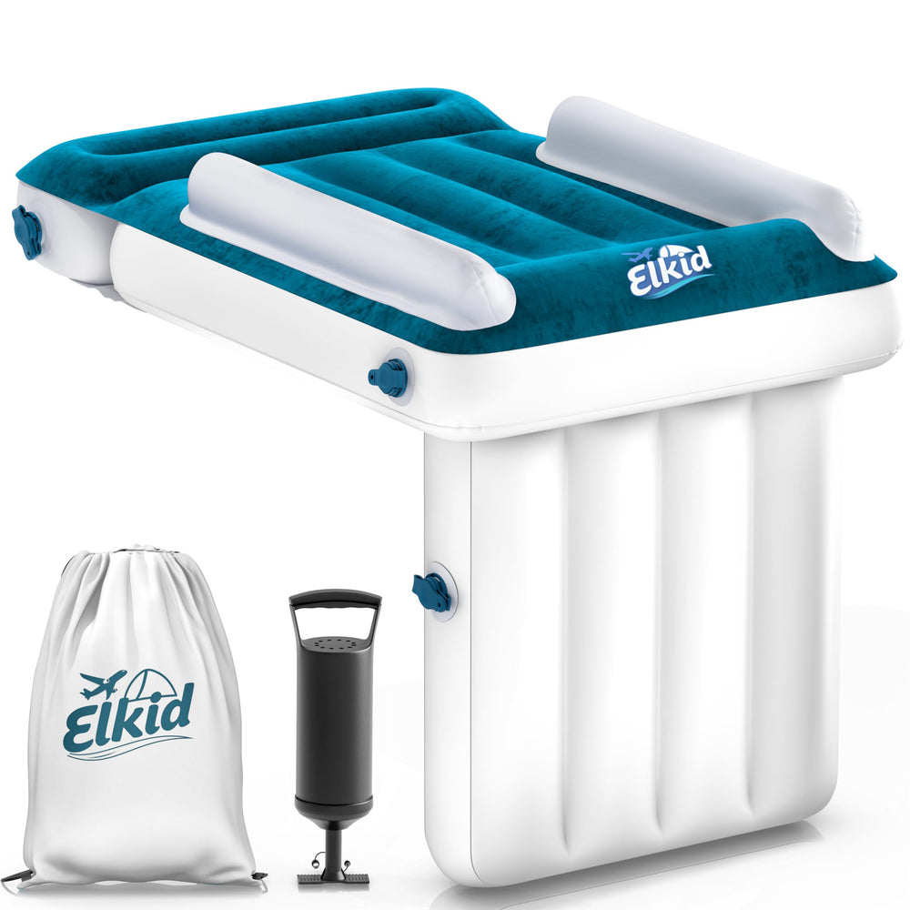 Elkid Toddler Airplane Bed inflated on airplane seat for a comfy rest