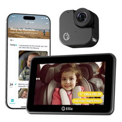 Ellie Baby Car Monitor shows a 2K UHD backseat view with sharp baby footage.