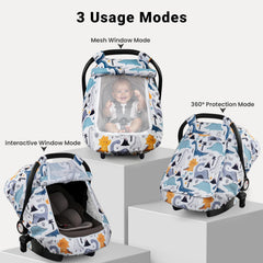 Elstey car seat cover shows a zippered mesh window for ventilation and baby observation