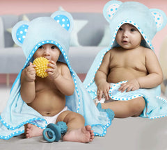ELSVIN hooded towel blue side view shows generous 35x35 inch size for growing babies