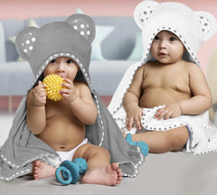 ELSVIN grey hooded towel provides cozy wrap for toddlers after bath.