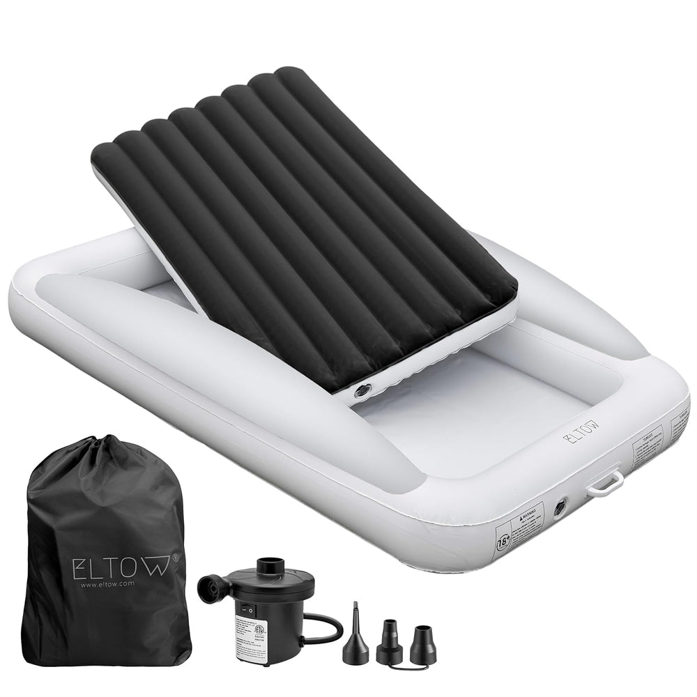 ELTOW toddler blow-up bed front view with safety sides for travel comfort