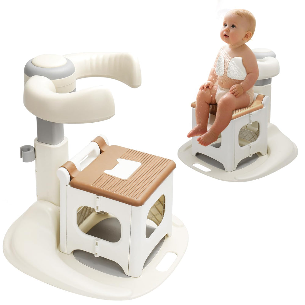Elyelsanns Baby Shower Stand with Seat mounted on wall, offering steady support during bath time.