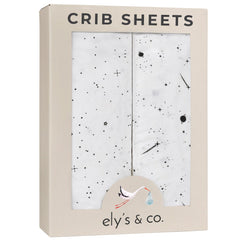 Ely’s & Co. crib sheet in black and white celestial print for crib and toddler bed.