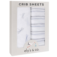 Ely's & Co. dragonflies blue crib sheet—soft, breathable comfort for baby sleep.