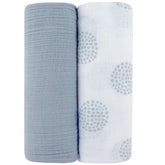 Ely's & Co Misty Blue Dottie swaddle close-up, soft breathable cotton.