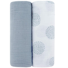 Ely's & Co Misty Blue Dottie swaddle close-up, soft breathable cotton.