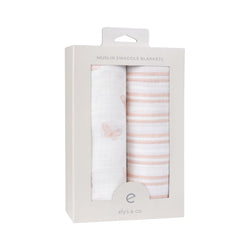 Ely's & Co. muslin swaddle blankets with pink stripes offer cozy versatility.