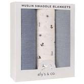 Ely's & Co. muslin swaddle blankets in nautical blue and ivory, breathable baby comfort.