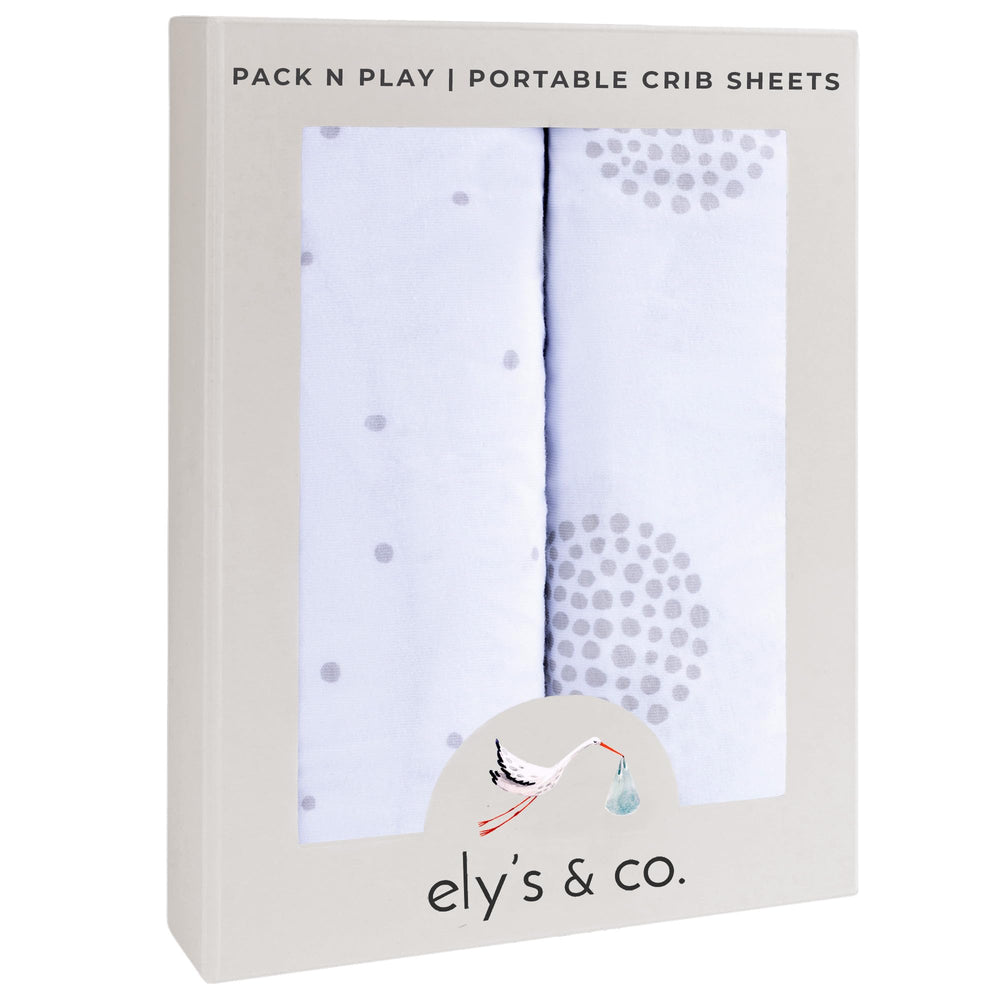 Ely's & Co Pack N Play sheet in grey dottie on crib bed for soft sleep surface