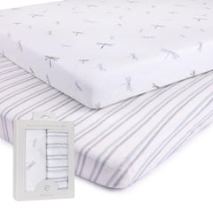 Ely's & Co. Pack n Play sheets in blue dragonflies and stripes offer a snug, stylish fit.
