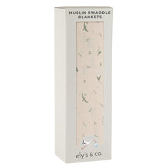 Ely's & Co sage bird swaddle blanket in soft cotton muslin for gentle skin and airy comfort.