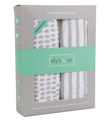 Ely's & Co waterproof changing pad cover with abstract stripes in taupe, keeps messes contained.