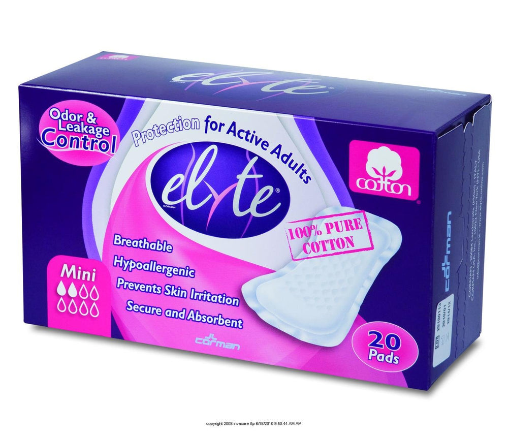 Elyte Cotton Liners Mini box displaying six packs for light incontinence with breathable protection.