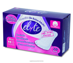 Elyte Cotton Liners Mini box displaying six packs for light incontinence with breathable protection.