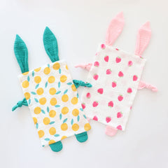 Emenpy bunny security blanket in strawberry color, gentle cotton muslin for soothing newborns