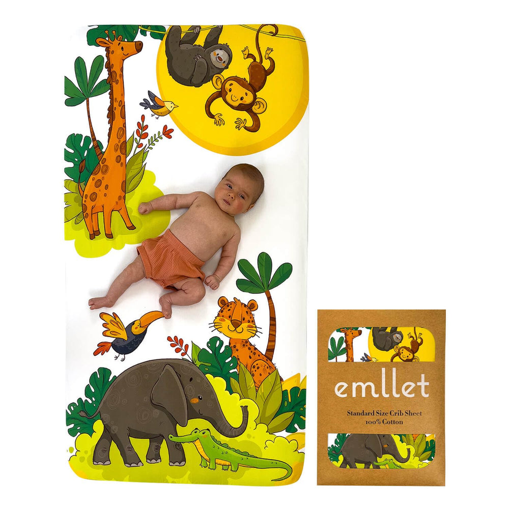 Emllet Safari Friends crib sheet with forest animals for cozy nursery decor and breathable comfort.