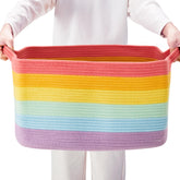 ENAORGAN 75L rainbow cotton rope basket full view, ideal for blanket and toy storage.