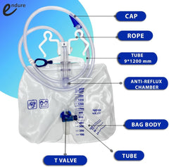 Endure Industries 5-pack urinary bag side view showcasing compact placement