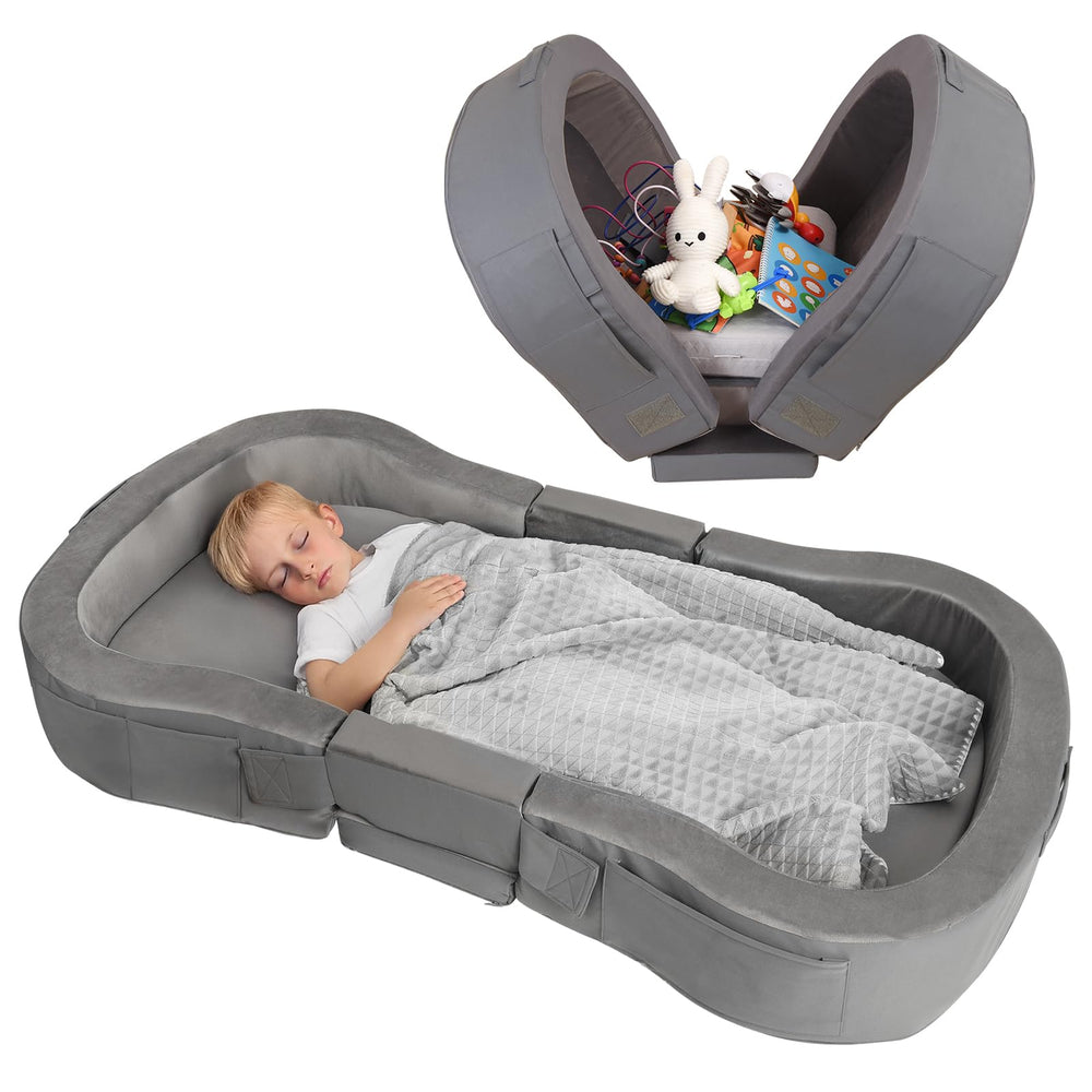 ENITYA portable toddler bed folded in carry bag for easy travel
