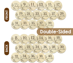 EnjoyMyDesign wooden milestone disc week 16 for memory-keeping with baby bump photos.