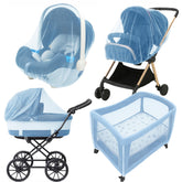 Enovoe blue stroller mosquito net cover protecting baby while airflow remains high.