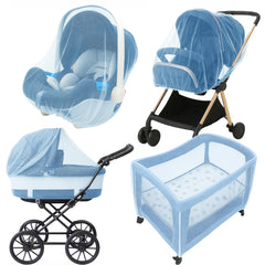 Enovoe blue stroller mosquito net cover protecting baby while airflow remains high.