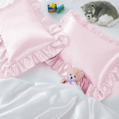 Entisn ruffle satin toddler pillowcase front view shows silky finish for cozy sleep