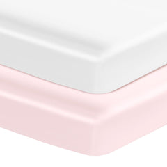 Entisn satin crib sheets 2-pack in white and pink for a plush nursery look