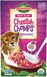 EnviroKidz Nature's Path Cheetah Chomps Berry Blast box front, gluten-free breakfast option.